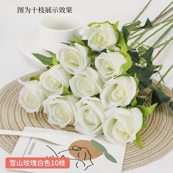 Artificial Silk Roses, Realistic Snow Mountain Style Flowers, 10-Piece Set with Leaves Thorns for Wedding Home Decor Floral Arrangements