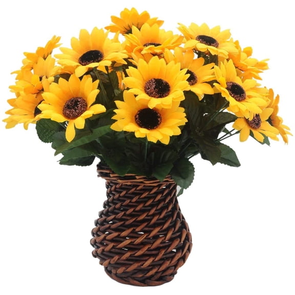 Artificial Silk Sunflower with Rattan Vase Daisy Arrangement, 6 Bunches, 42 Flowers & Stems, Sunflower Bouquet, Handmade Willow, Fake Flowers in Vase for Home Decor