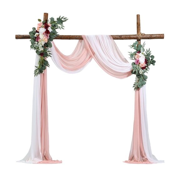 Artificial Silk Wedding Arch Flowers Kit with Draping Fabric - 4-Pack Floral Arrangements & 21ft Tulle for Ceremony Backdrop Decoration, Blush Pink and Ivory