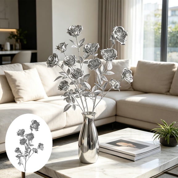 Artificial Silver Flower Stems Faux Metallic Rose Branches, with Bendables Stems, for Wedding Bouquet Party Home Arrangement DIY Cake Centerpieces Tables Decoration