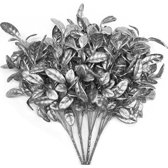 Artificial Silver Plants for Christmas Decor, Plastic Grass Faux Shrubs Fake Leaves Simulation Bushes for Indoor/Outdoor Decor, Table Centerpieces, Planter Filler -Silver Leaves Round Edge 4 Pack
