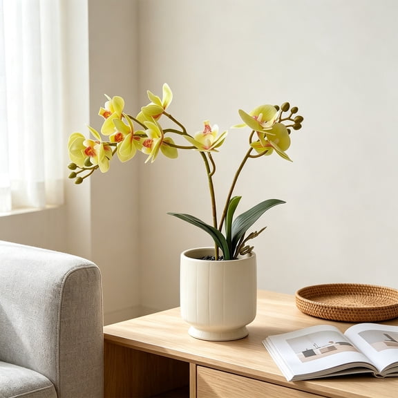 Artificial Simulated Phalaenopsis Bonsai Silk Orchid Potted Plant Decor for Living Room Porch Dining Table Home Ornament,Yellow
