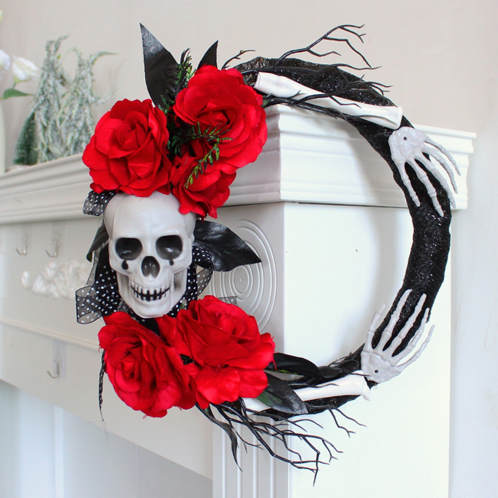 Artificial Skeleton Garland for Front Door with Red Rose, Skull Wreath