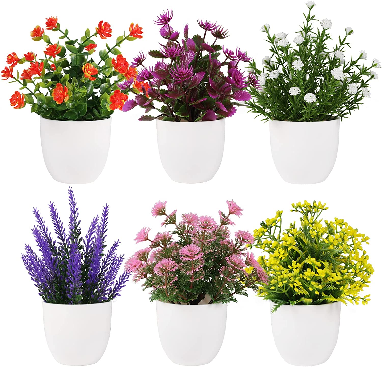 Artificial Small Plant 6pcs Fake Flower Potted Plant Bathroom for Indoor Decor Window Tabletop Office Colorful