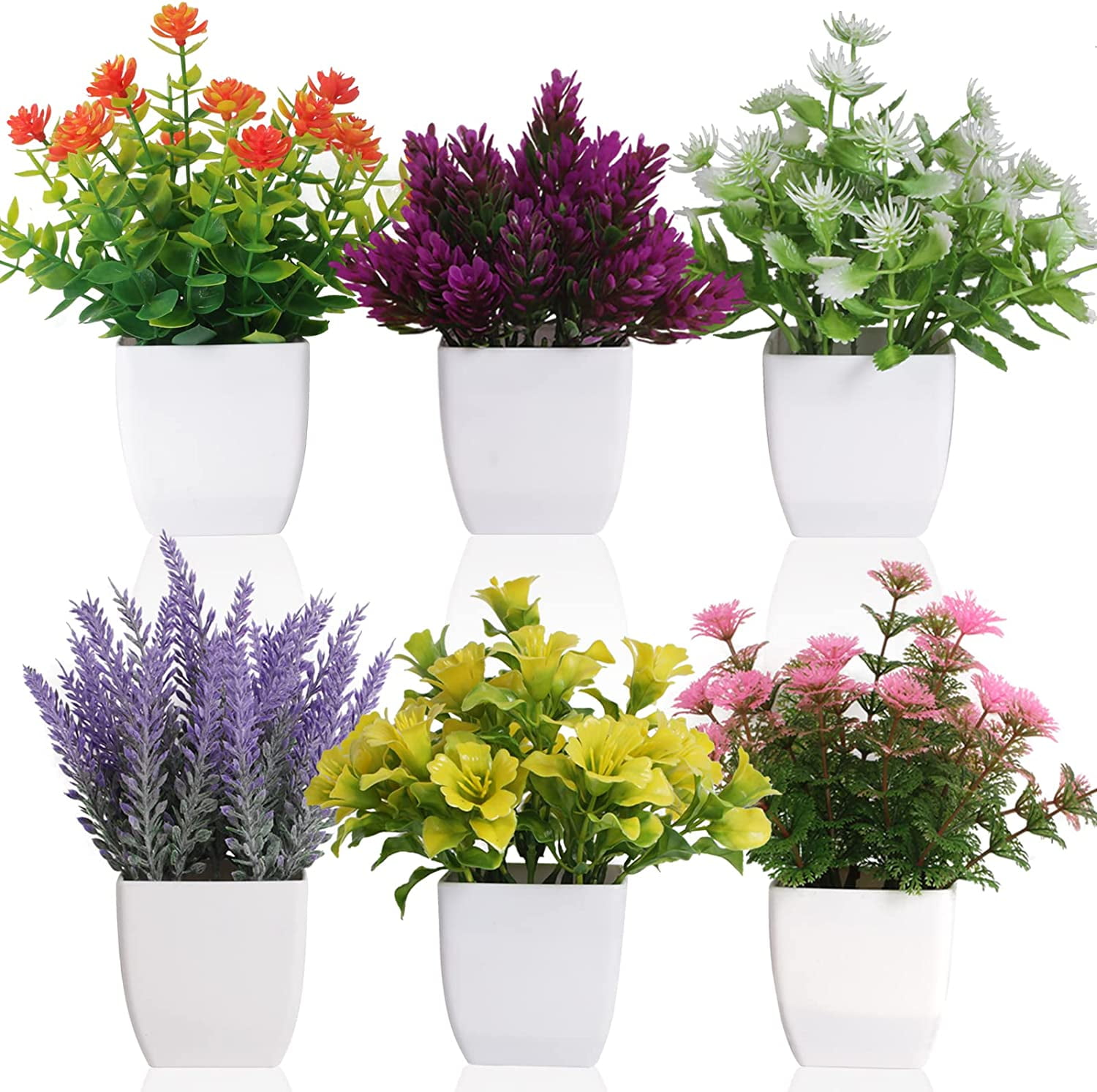 Artificial Small Plant 6pcs Fake Flower Potted Plant Bathroom for Indoor Decor Window Tabletop Office Colorful
