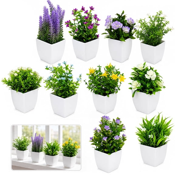 10 Pcs Small Fake Plants, Mini Artificial Plants in White Pots, Faux Plastic Potted Greenery with Lavender, Eucalyptus, Petunias & Roses for Home Office Desktop Bookshelf Indoor Kitchen Window Decor