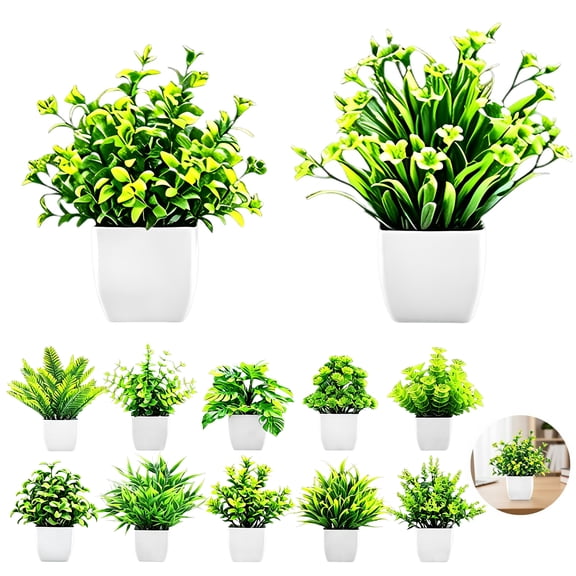 12 Pcs Fake Plants in White Pots, Mini Artificial Eucalyptus Potted Plants, Small Realistic Faux Greenery Pieces for Living Room, Bathroom, Office Table Decor