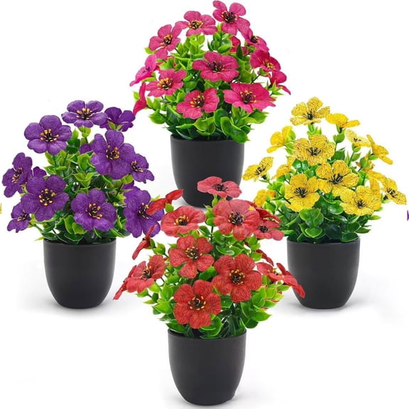 Artificial Small Potted Plants Eucalyptus Violet Plastic Potted Flowers for Home Living Room Table Decoration Tabletop Desktop Counter Decor Compact Design No Watering Needed Lifelike Greenery