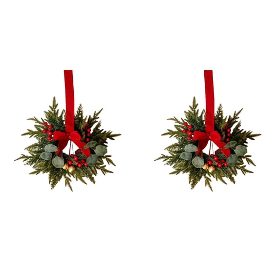 Artificial Small Wreaths with Velvet Bow & Red Berries,Christmas Wreaths for Front Door, Mr. Christmas Wreath,for Cabinets Kitchen,Window,Farmhouse Wall Xmas Decor, 2 PC