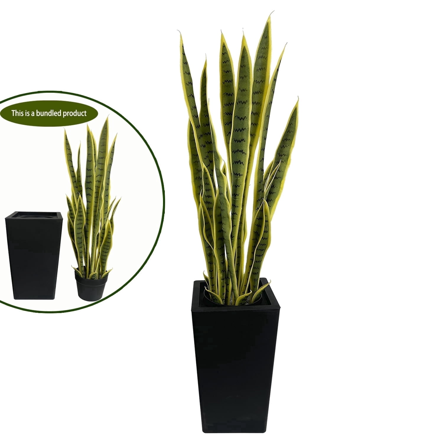 Artificial Snake Plant 4FT with Black Pot, Single Pack, 24 Adjustable Leaves, Suitable for Indoor & Outdoor, Garden, Backyard, Front Door Decor, Daily Home Decoration, Holiday Decoration, Yellow