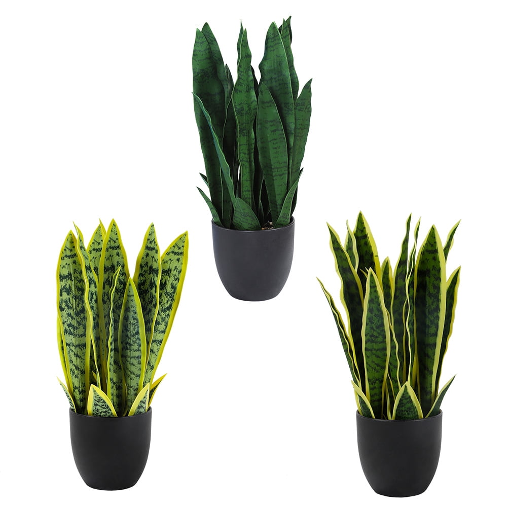 Set of 3 Realistic Artificial Potted Plant Faux Sansevieria Gold Edge Snake Plant Long Green Leaf Indoor Outdoor Decorative Ornament