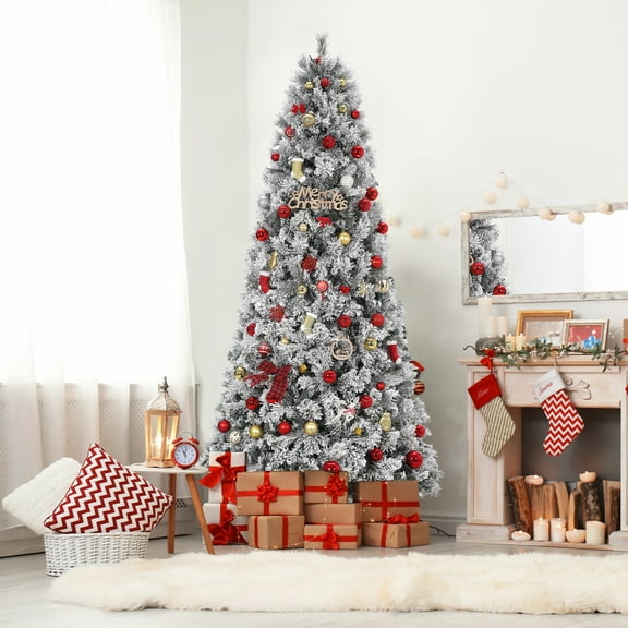 Artificial Snow Flocked Christmas Tree, Xmas Tree with 250 Clear White Warm Lights and Metal Stand, Slim & Skinny Design for Home, Party, Holiday Decoratio