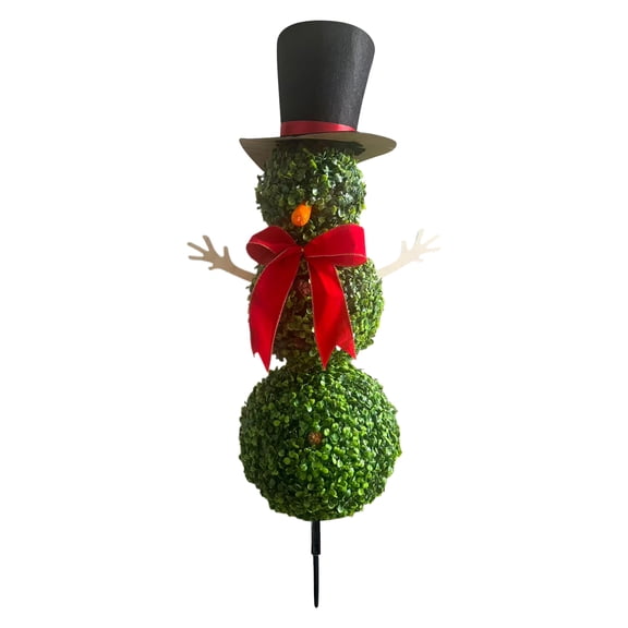 Artificial Snowman Shaped Greenery Stake Decoration, Realistic Faux Boxwood Tiered Balls With Top Hat And Red Bow, Outdoor Indoor Porch Garden Patio Holiday Decor