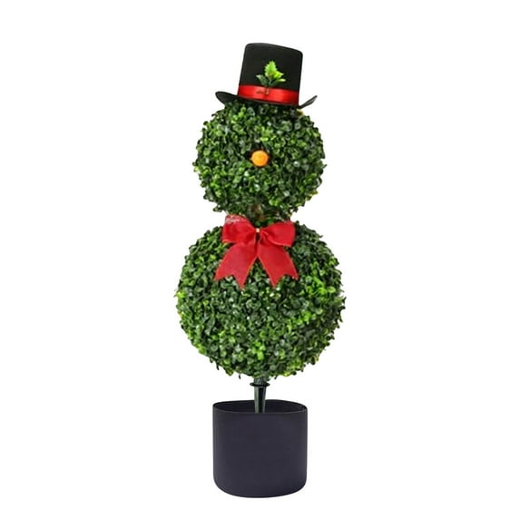 Artificial Snowman Topiary Tree 30 Inch with Red Bow Santa Hat, Potted Christmas Decor for Indoor Outdoor Porch Lawn, UV Resistant Boxwood Topiaries Holiday Decorations