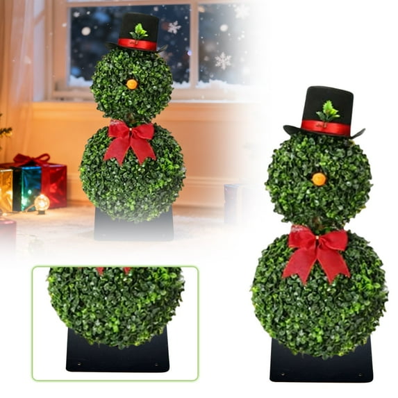 Artificial Snowman Topiary Tree 30 Inch with Red Bow Santa Hat, Potted Christmas Decor for Indoor Outdoor Porch Lawn, UV Resistant Boxwood Topiaries Holiday Decorations