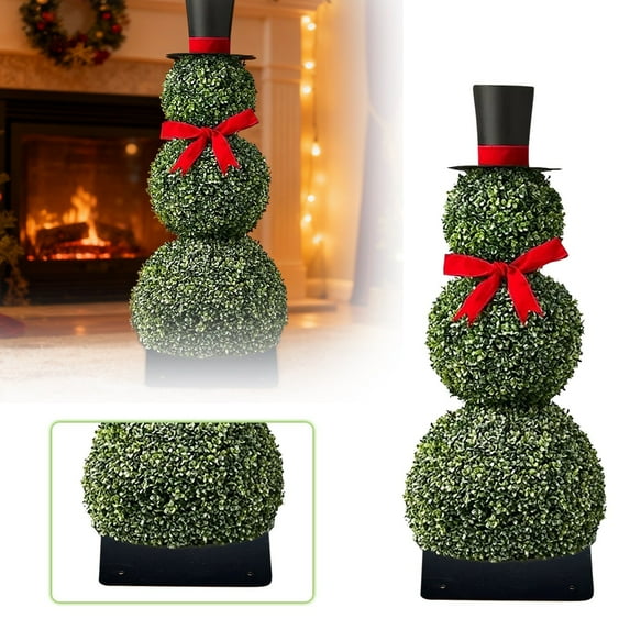 Artificial Snowman Topiary Tree 30 Inch with Red Bow Santa Hat, Potted Christmas Decor for Indoor Outdoor Porch Lawn, UV Resistant Boxwood Topiaries Holiday Decorations