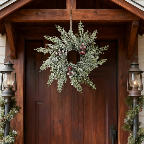 Artificial Snowy Cedar Candle Rings Red Berry Christmas Candle Holder Wreath Rings Mini Snowy Christmas Wreaths Faux Cedar Twigs Wreath 12.6” Wide for Winter Wedding Holiday Table Décor