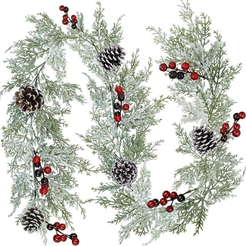 Artificial Snowy Christmas Cedar Garland with Pine Cones and Red Berries Lush Christmas Greenery Garland 6' Long Christmas Wedding Winter Holiday Table Runner Centerpiece Seasonal Decoration