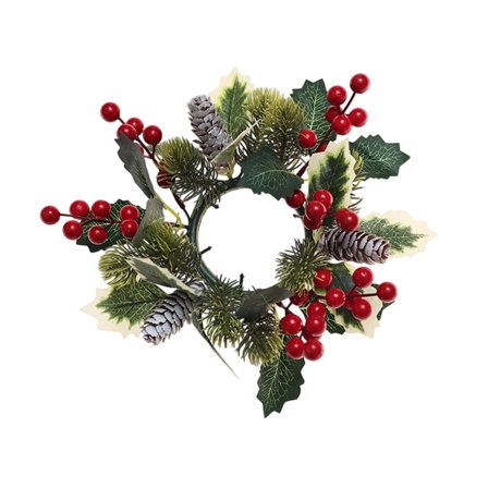 Artificial Snowy Pine and Berry Candle Rings Spruce Pine Candle Wreaths with Pinecones Christmas Pillar Candle Rings 9" for Holiday Season Winter Mantel Door Table Centerpiece