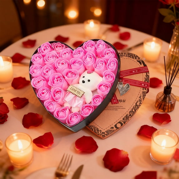 Artificial Soap Flower Roses in Heart Shape Box Real Like Floral Gift for Mom Women Wife adultfriend on Birthday, Anniversary, Valentine’s Day, Mother’s Day (Pink)