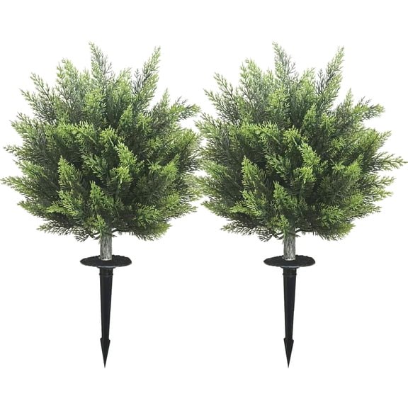 Artificial Spherical Cedar Topiary Stake (2 Pack), Realistic Evergreen Outdoor Garden Decor with Ground Stakes, No Maintenance Faux Shrubs for Yard, Porch, Easter