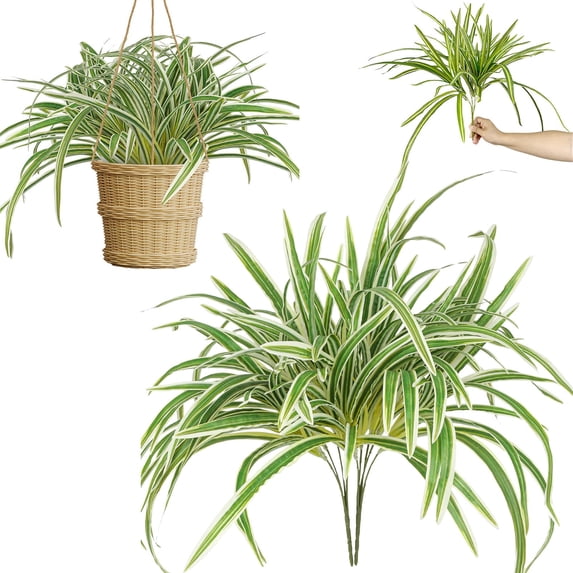 Artificial Spider Plant Large 23.6In Fake Greenery Plants UV Resistant Outside Faux Plants Bushes for Indoor Table Outdoor Planter Decor ("1Pcs 1 Stem")