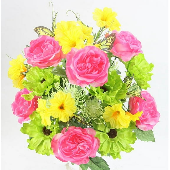 Artificial Spring Flower Bush 24 Stem Open Rose/ Cosmos Daisy Mix Bush, Beauty Kiwi Yellow
