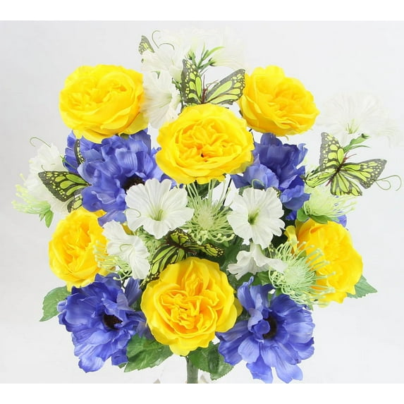 Artificial Spring Flower Bush 24 Stem Open Rose/ Cosmos Daisy Mix Bush, Yellow Blue Cream