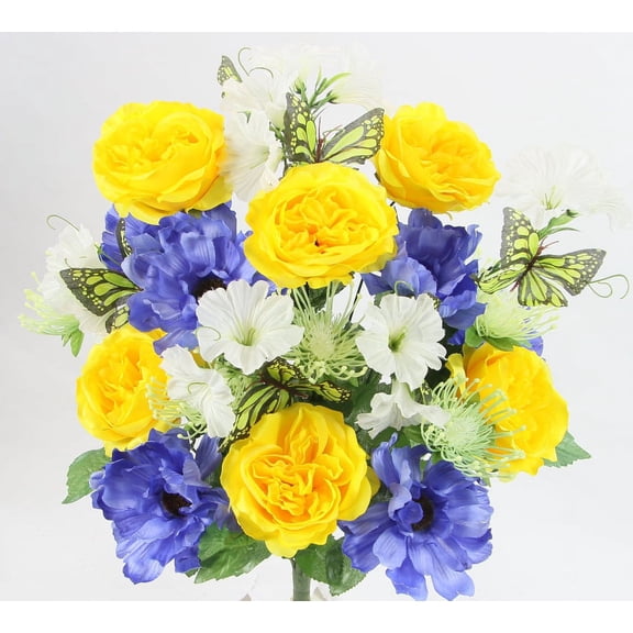 Artificial Spring Flower Bush 24 Stem Open Rose/ Cosmos Daisy Mix Bush, Yellow Blue Cream