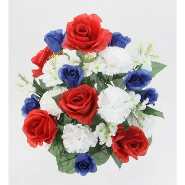 Artificial Spring Flower Bush 24 Stem Rose/ Carnation Mixed Bush, ABN1B018-RD-WT-BL