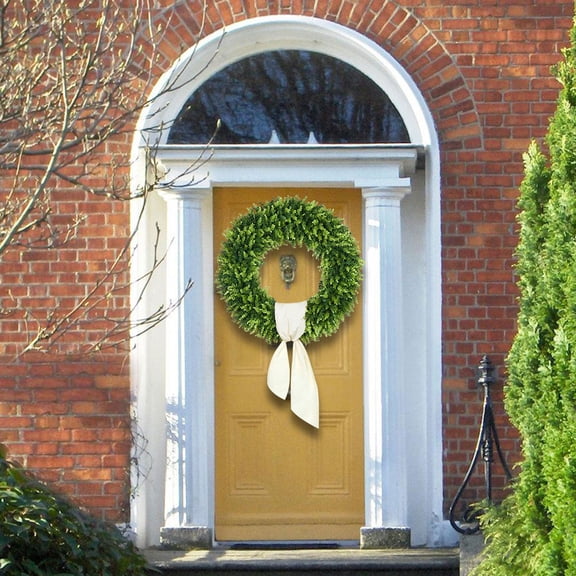 Artificial Spring Flower Wreath with Green Foliage & Detachable White Scarf, Simulation Frost Grass Vine Circle for Home Door Wall Wedding Decor (24 inch Wreath + 60 cm Scarf, 1 Piece)