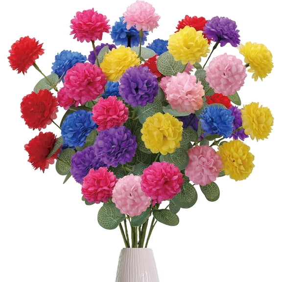 Artificial Spring Flowers with Green Eucalyptus Leaves 12 Pack Colorful Floral Picks 17 Inch Flower Stems for Summer Easter Holidays Home Decor