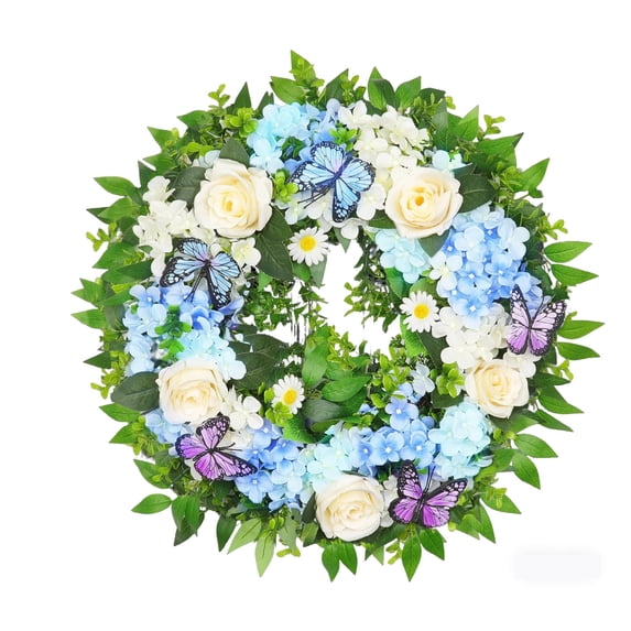 Artificial Spring Hydrangeas Wreath with Butterflies and Roses 19.7in, Easter Wreath, Front Door Hanging Decoration for Porch Window Farmhouse Decor