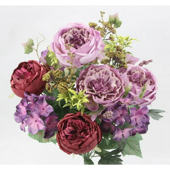 Artificial Spring Mixed Flower 14 stem Rose/Hydrangea Bush , ABN1B012-PLUM_MIX