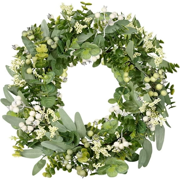Artificial Spring Summer Christmas Greenery Wreaths for Front Door Green Eucalyptus Leaf Wreath Decor Boxwood with Big Berries for Farmhouse Outside Year Round