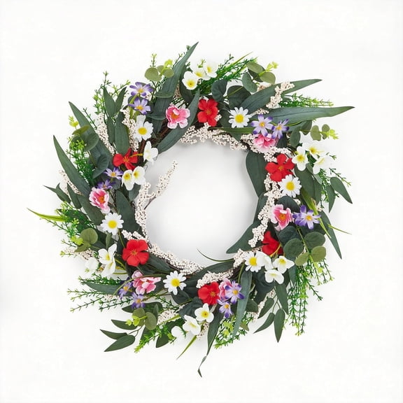 Artificial Spring Summer Flower Wreath for Front Door,Artificial Colorful Daisies Wreath,Greenery Eucalyptus Leaves for Indoor and Outdoor,Rustic Farmhouse Style