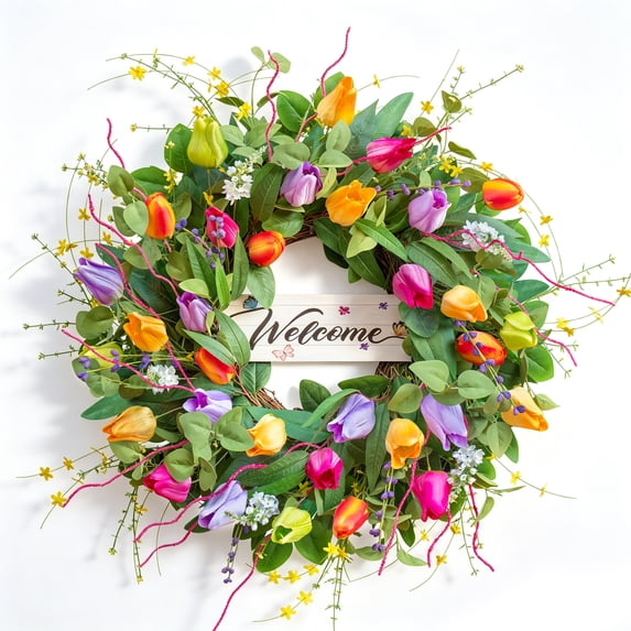 Artificial Spring Summer Front Door Wreath with Hello Sign, 24 Inch Pink Rose and Peony Floral Wreath with Greenery for Indoor Outdoor Farmhouse Home Decor, 1 Pack Pink
