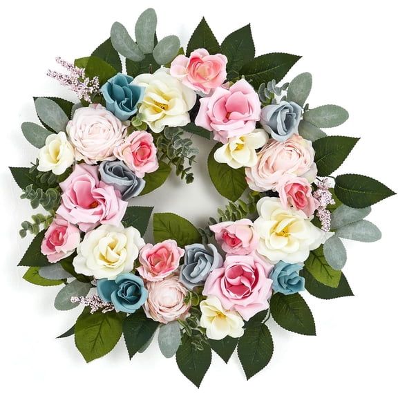 Artificial Spring Summer Wreaths for Front Door Rose Wreath Colorful Floral Wreath for Indoor Outdoor Farmhouse Home Wall Festival Decoration