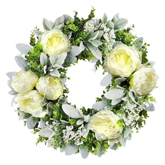 Artificial Spring Wreath 18 Inch Summer Wreaths for Front Door Faux Floral Peony Wreath with Rose Lotus Hydrangea Green Eucalyptus for Outside All Seasons Window Wall Indoor Decor