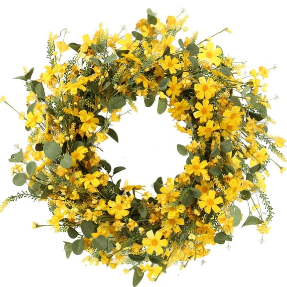 Artificial Spring Wreath, 22 Inch Summer Daisy Wreath for Front Door, Grapevine Base with Yellow Daisies Jasmine Lavender, Indoor Outdoor Home Decor for Easter Celebion and Seasonal Holiday, Yellow