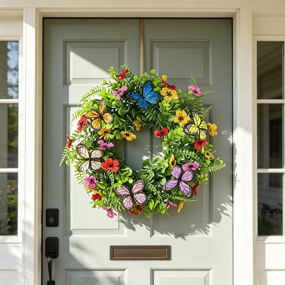 Artificial Spring Wreath, Colorful Violet Wreath with Artificial Forever Flower Spring Summer Front Door Wreath for Home Decor, Purple Yellow White Pink