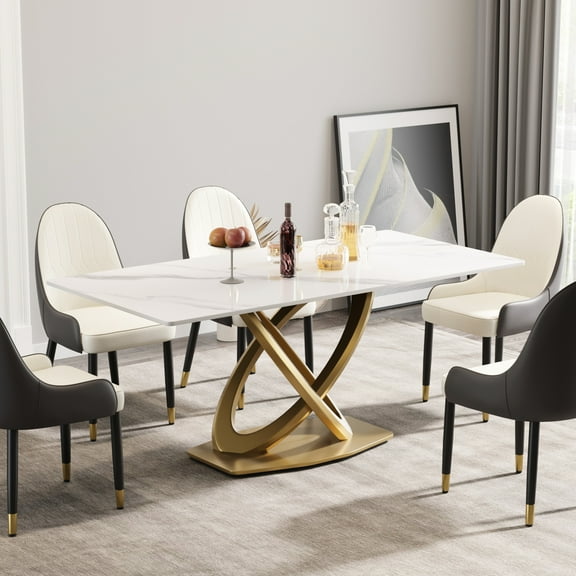 Artificial Stone Dining Table, 71.89" Rectangular, White, Double Stainless Steel Legs, Accommodates 6-8, Fire , Stable & Construction Rectangular Sintered Desk