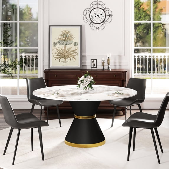 Artificial Stone Round Dining Table | Can Be Used for Years in Family Dining | Black Carbon Steel Base for Stability | Keeps Clean with Simple Wiping