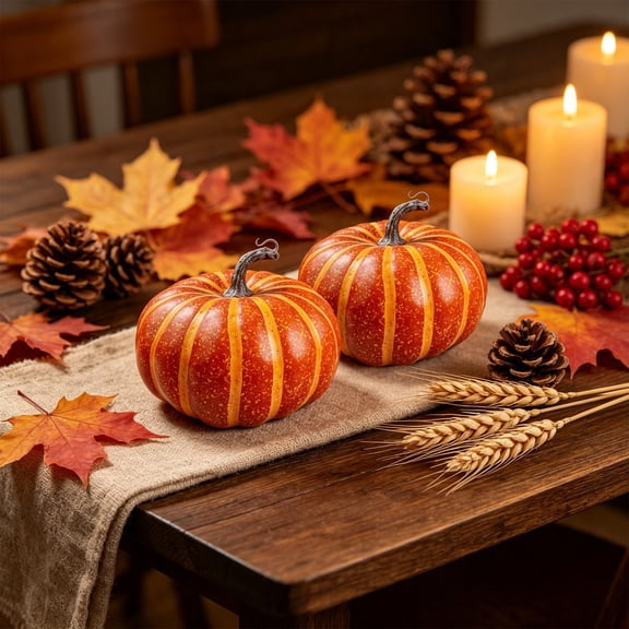 Artificial Striped Pumpkin Decor 8in Fake Foam Pumpkin Ornament for Fall Thanksgiving Halloween Table Decorations Display Items Props Collections Extras Special Edition