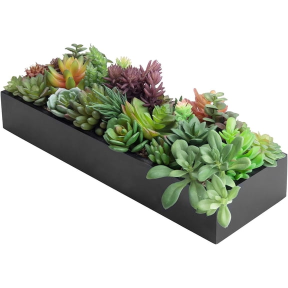 Artificial Succulent Centerpiece,15.75 Inch Faux Arrangement in Sleek Black Wooden Rectangular Planter Box