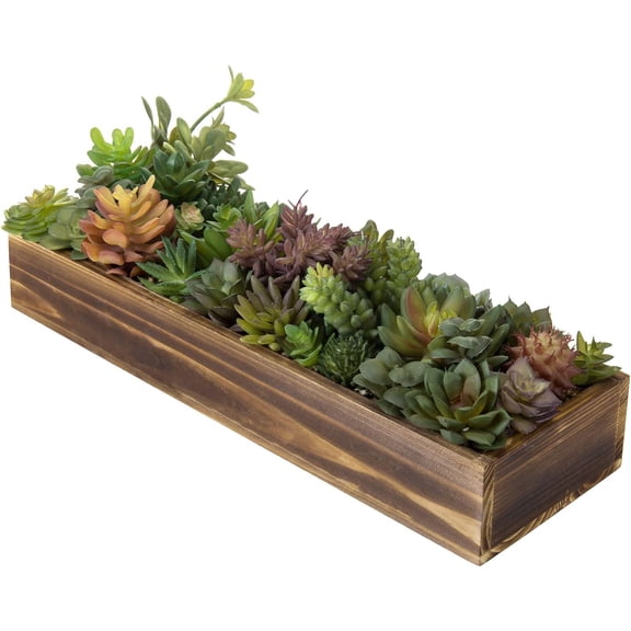 Artificial Succulent Centerpiece, 15.75 Inch Faux Succulents Arrangement Plants in Rustic Burnt Wood Rectangular Planter Box