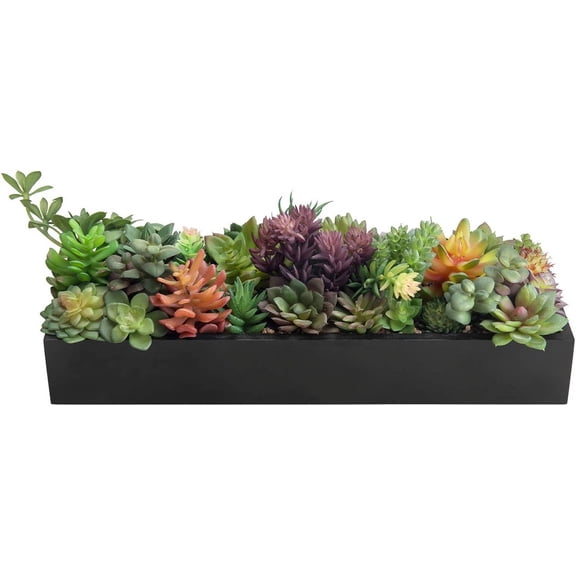 Artificial Succulent Centerpiece,15.75 Inch Faux Succulents Arrangement Plants in Sleek Black Wooden Rectangular Planter Box