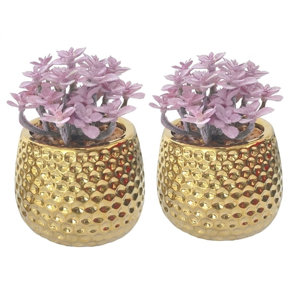 CasaVibe Purple Faux Succulent in Gold Textured Ceramic Pot - Set of 2 Artificial Succulent Plants for Home Decor, Glam Desktop Mini Fake Plants, Modern Gold Planter Arrangement