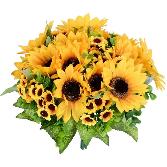 Artificial Sunflower Bouquet, 2 Bunches Silk Sunflowers Fake Yellow Flowers for Home Decoration Wedding Decor (2 Pack)