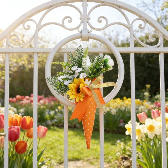 Artificial Sunflower Bouquet And Carrot Wall Hanging, Festive Easter Decoration For Wall And Bag Embellishment With Rustic Charm